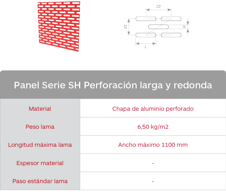 Características lama celosías de chapa de aluminio perforado Panel Serie SH Perforación larga y redonda