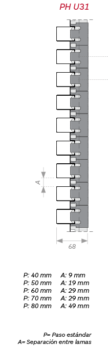 Gradhermetic. Paso estándar de las celosías Phalsol Serie PH U 31. Celosías de lamas fijas de aluminio