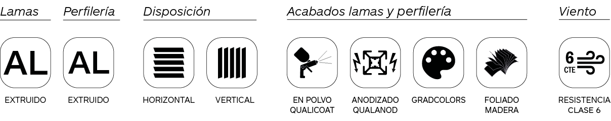 Icono características lamas de celosías de aluminio extruido Brise Soleil Serie BT 300